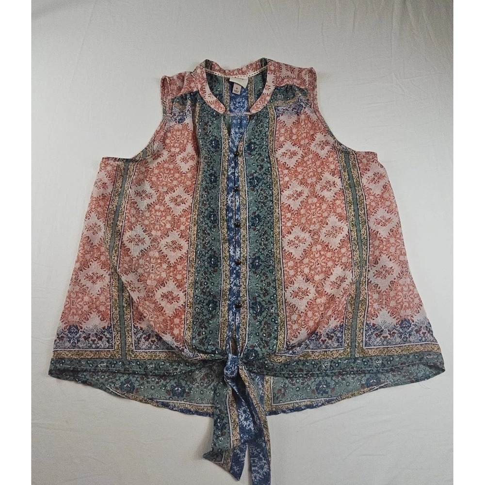 Knox Rose Women's Bohemian M Sleeveless‎ Tie Hem Blouse Top Semi Sheer